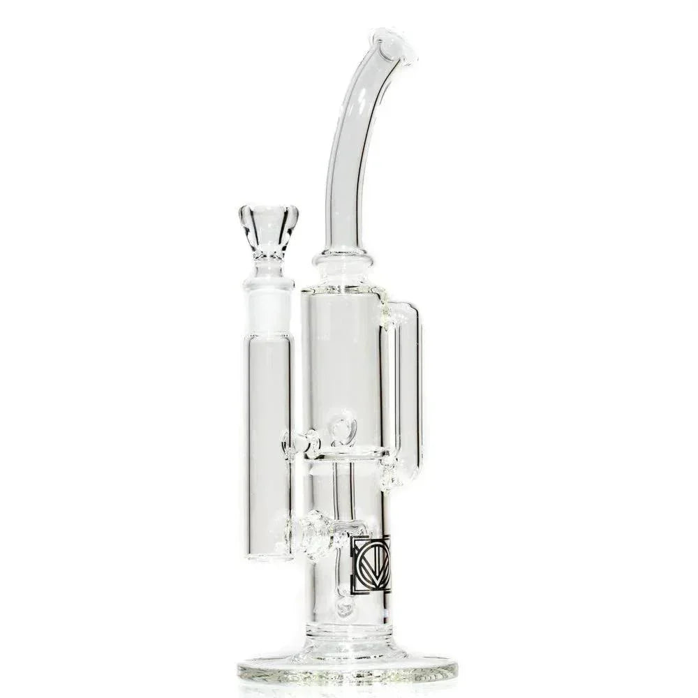Clear glass recycler water pipe with curved neck and intricate chamber design on white background