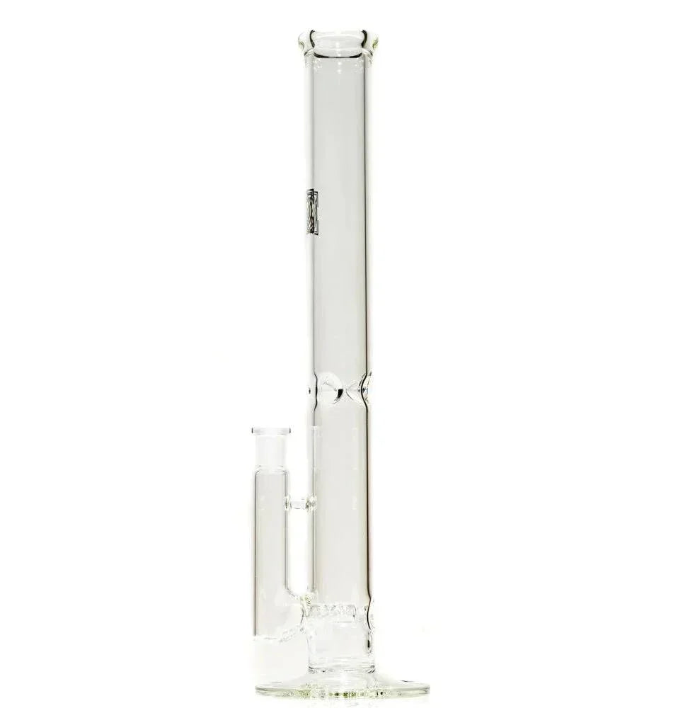 Clear glass straight tube water pipe with gridline perc on white background