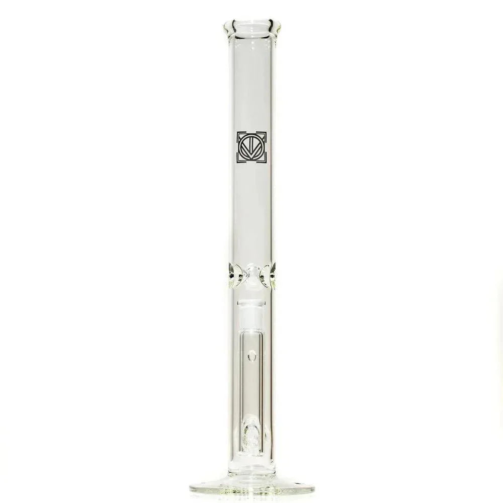 Clear glass straight tube water pipe with gridline perc, standing upright on white background.