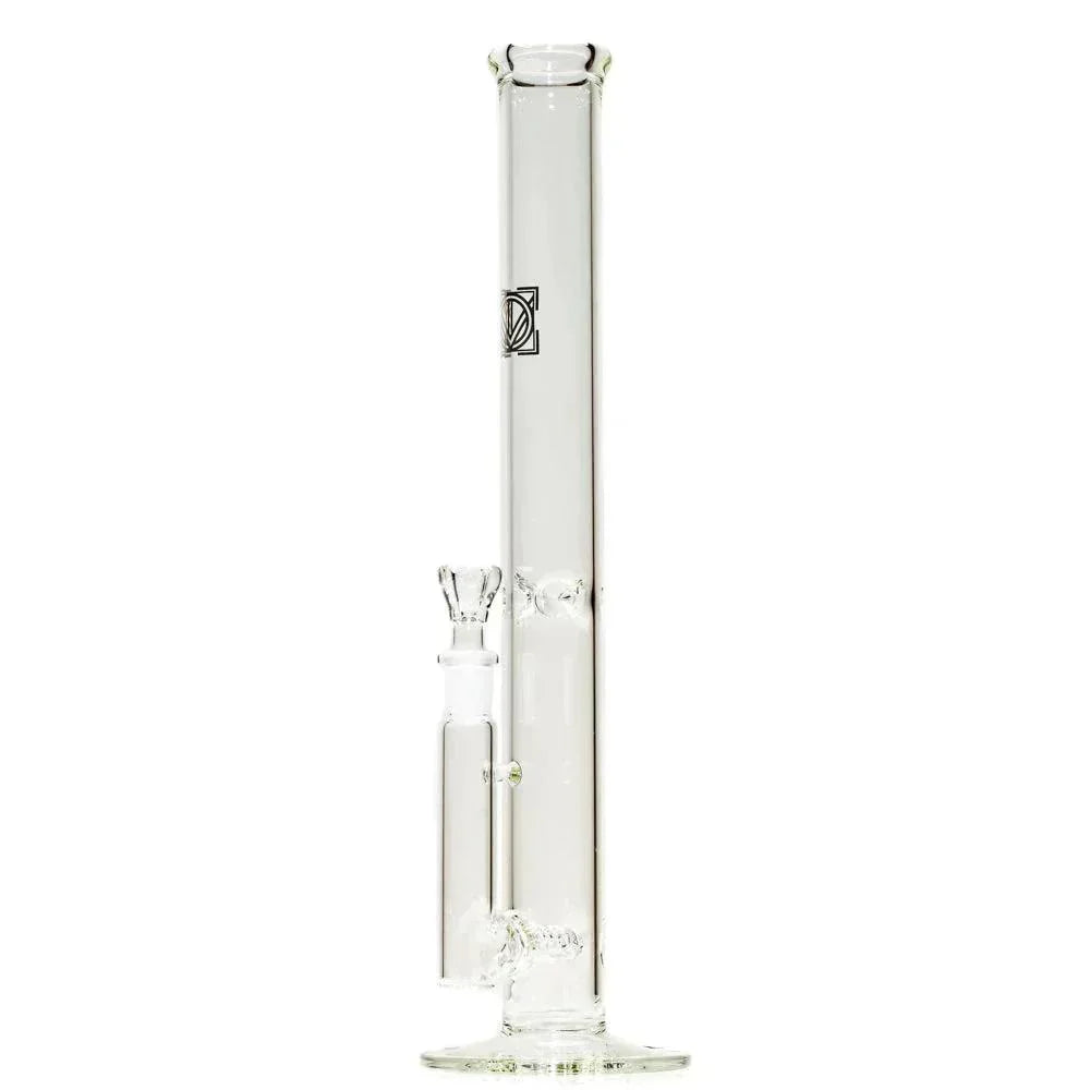 Clear glass straight tube water pipe with gridline perc and wide base on white background