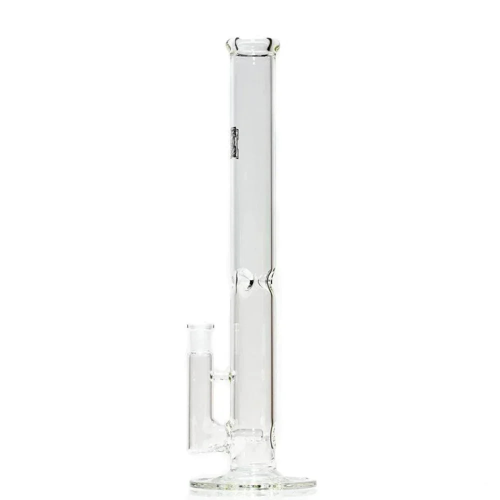 Clear glass straight stemline water pipe with cylindrical tube and wide base on white background.