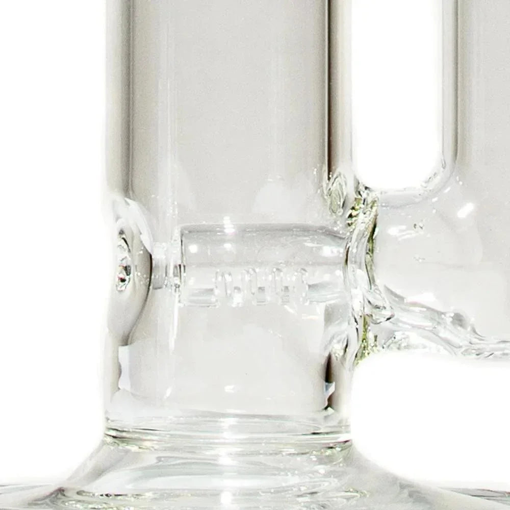 Close-up of clear glass straight tube water pipe with stemline percolator detail