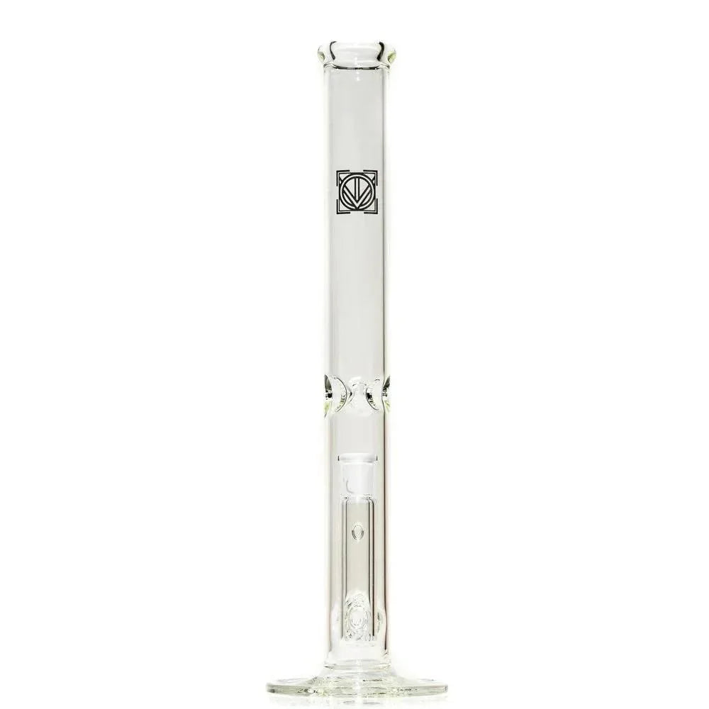 Clear straight tube glass water pipe with stemline percolator on white background