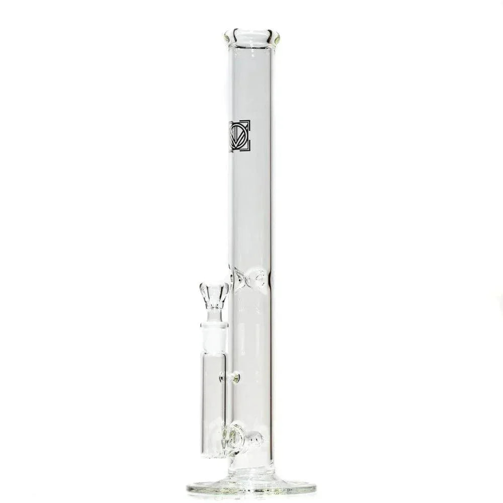 Clear glass straight tube water pipe with stemline percolator on white background.