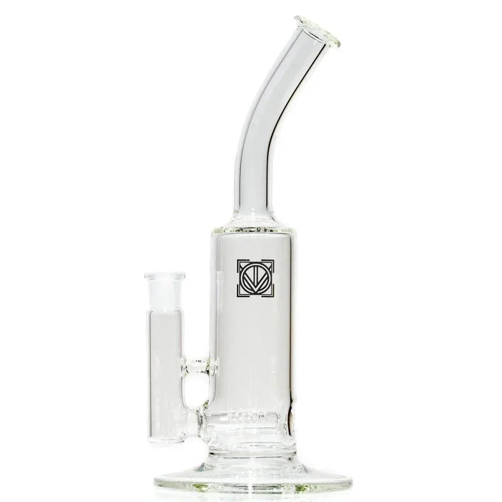 Clear glass water pipe with bent neck and gridline percolator, isolated on white background