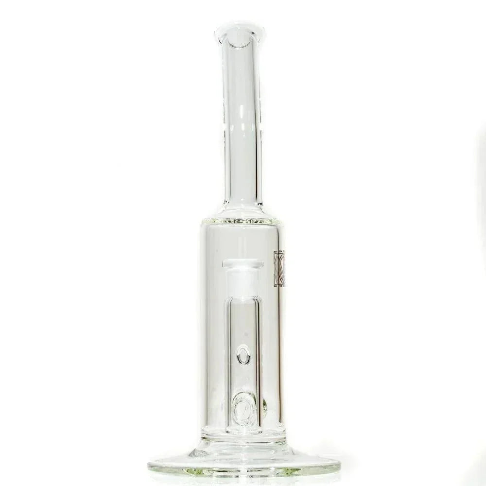 Clear glass bent neck water pipe with 60-hole gridline percolator on white background
