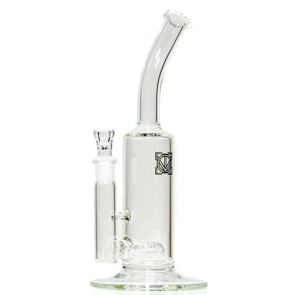 Clear glass bent neck water pipe with gridline percolator and subtle logo on chamber