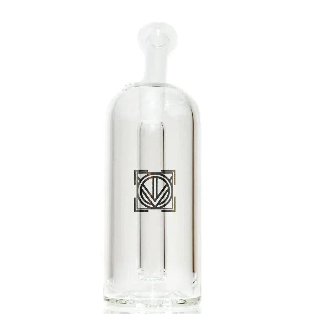 Clear glass water pipe with geometric logo and percolator, isolated on white background