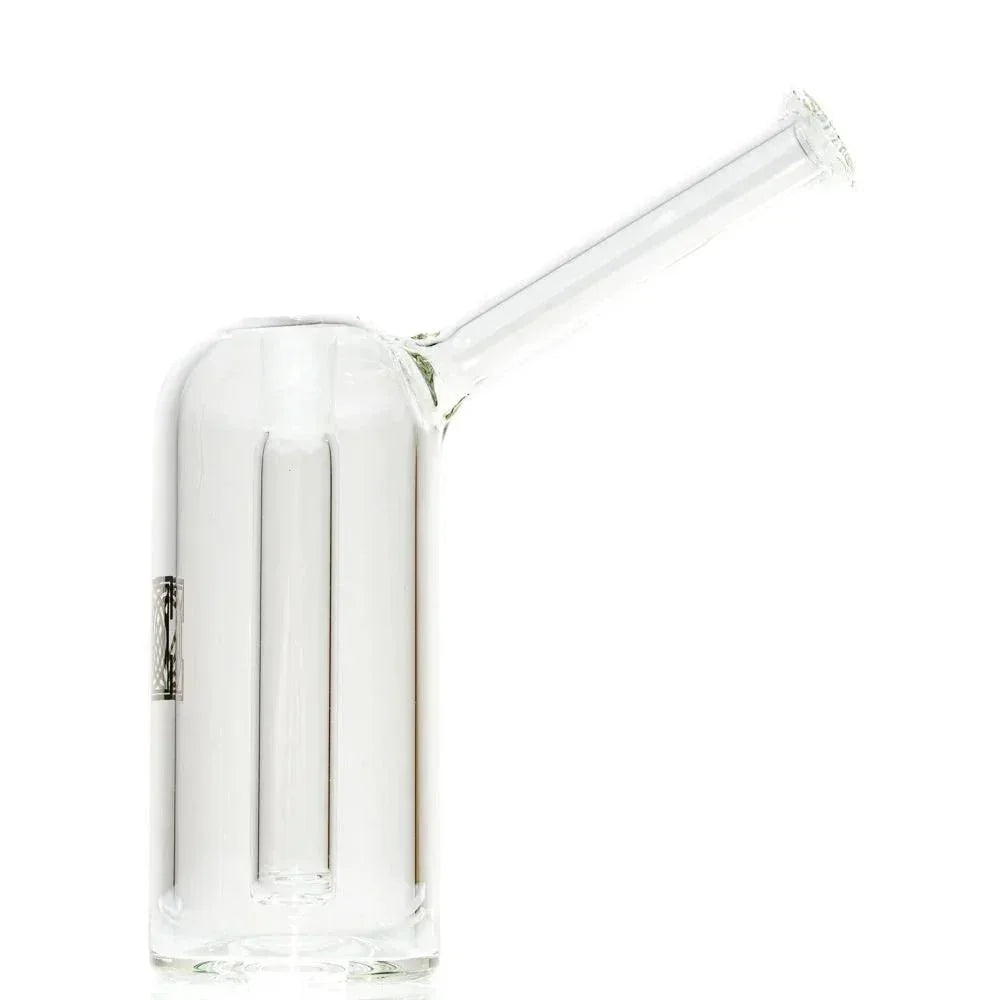 Clear glass water pipe with straight neck and cylindrical chamber on white background