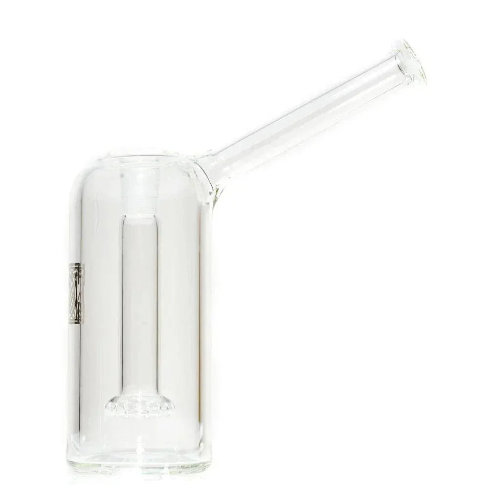 Clear glass cooler showerhead rig with angled mouthpiece on white background