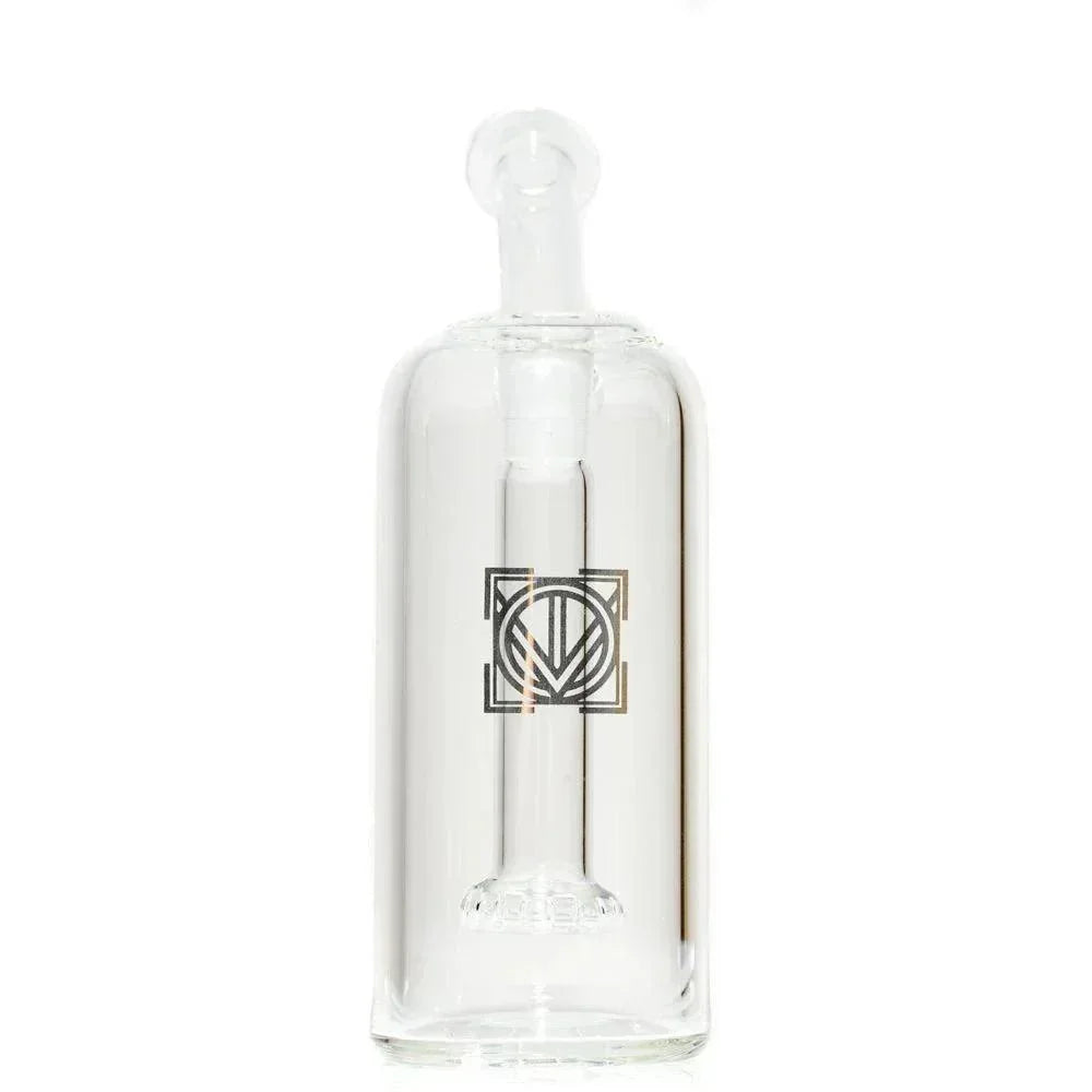 Clear glass showerhead percolator water pipe with geometric logo and straight tube design