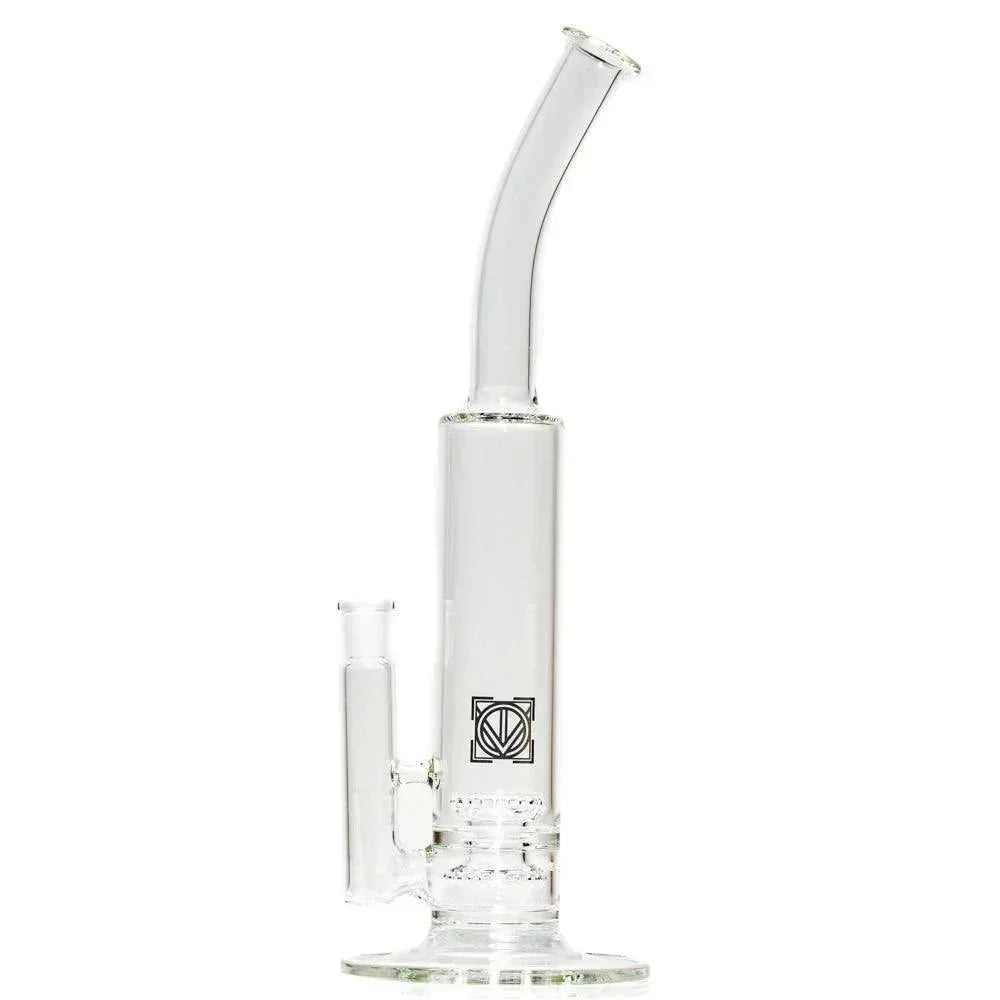 Clear glass water pipe with a bent neck and showerhead percolator on white background.