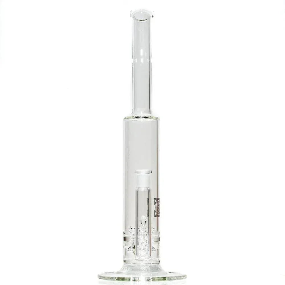Clear glass water pipe with a straight neck and reflected showerhead perc