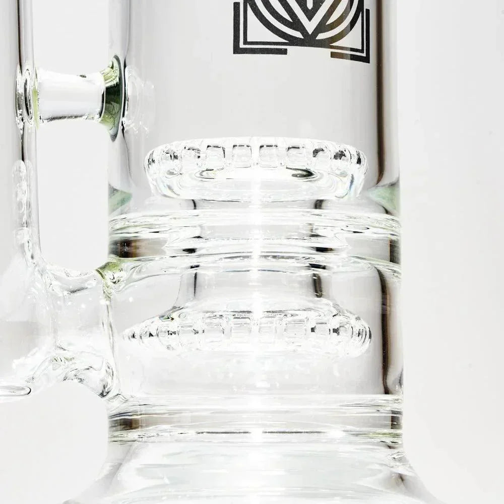 Close-up of a clear glass water pipe with showerhead percolator and geometric logo