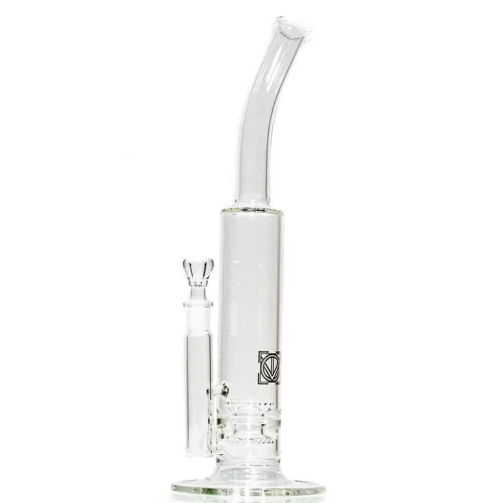 Clear glass water pipe with bent neck and showerhead perc on white background