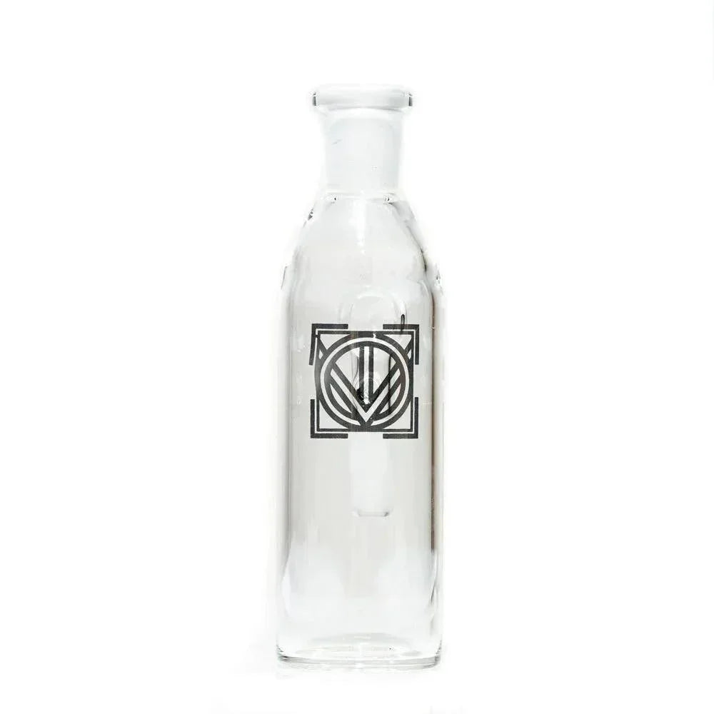Clear glass water pipe with geometric logo, photographed on white background