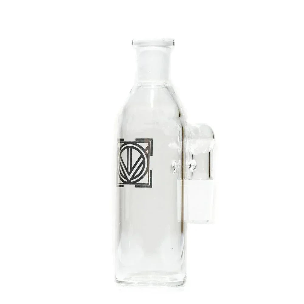 Clear glass ash catcher with geometric logo, smoking accessory on white background