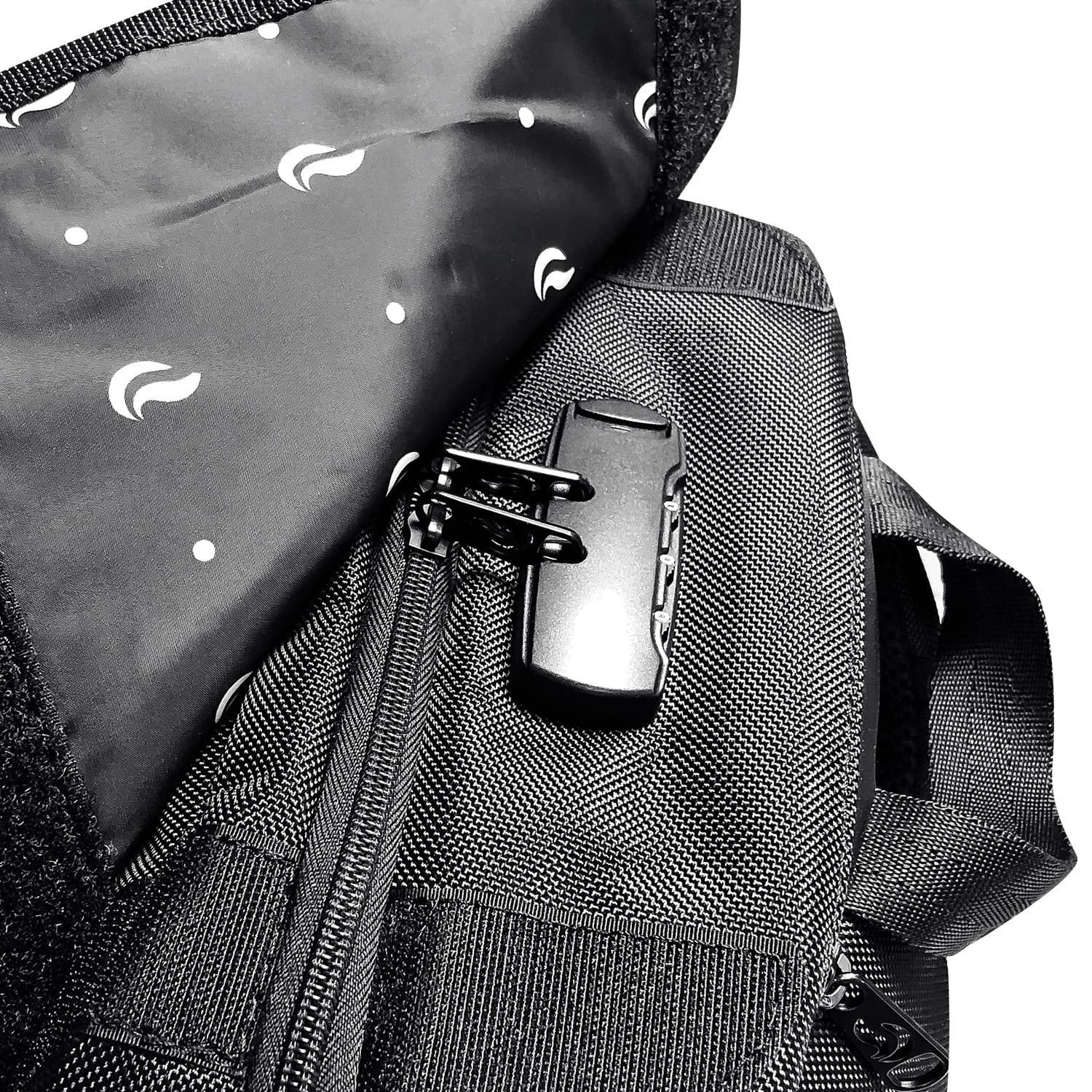 Black backpack with a secure zipper lock and patterned inner lining