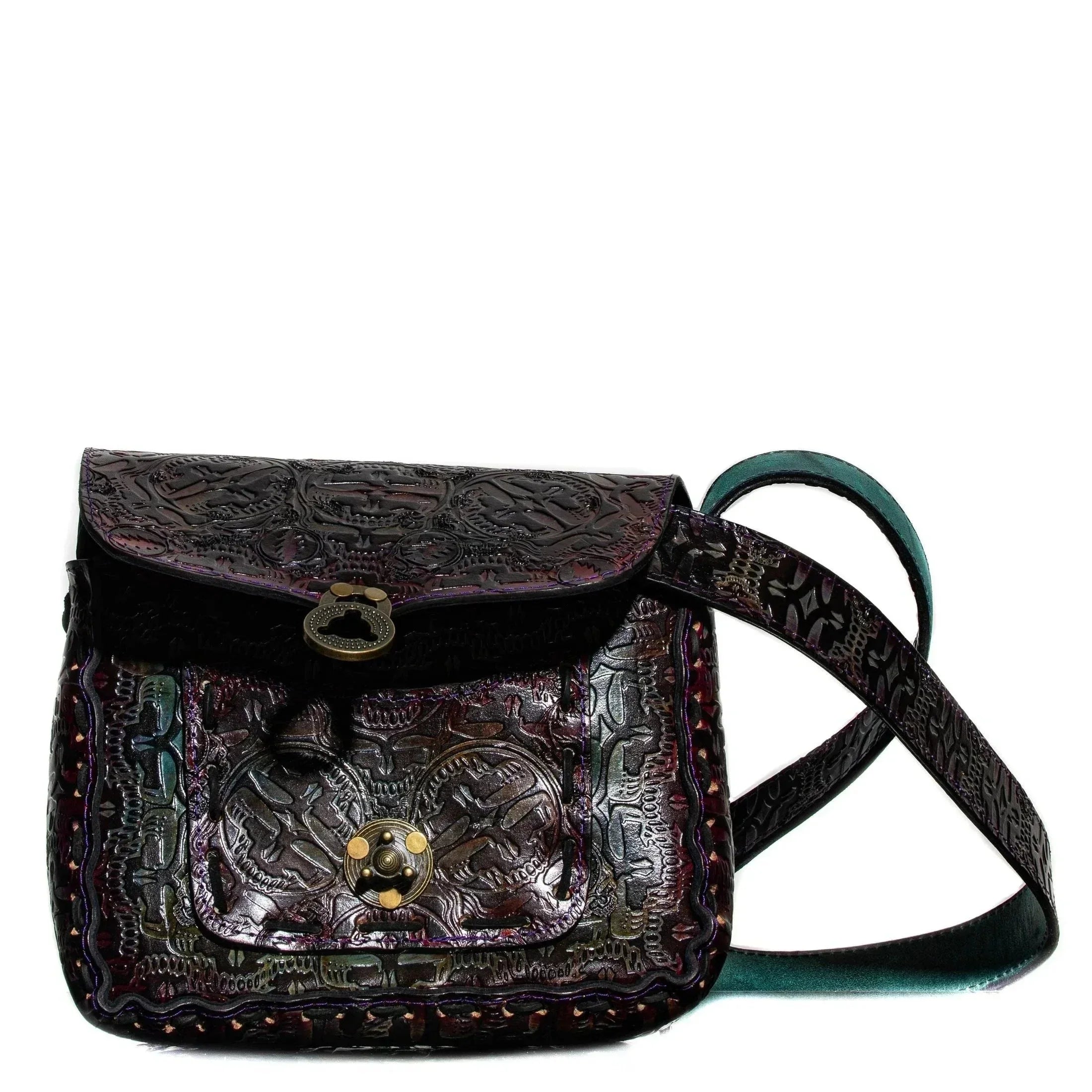 Handcrafted embossed leather side bag with flap closure and adjustable strap