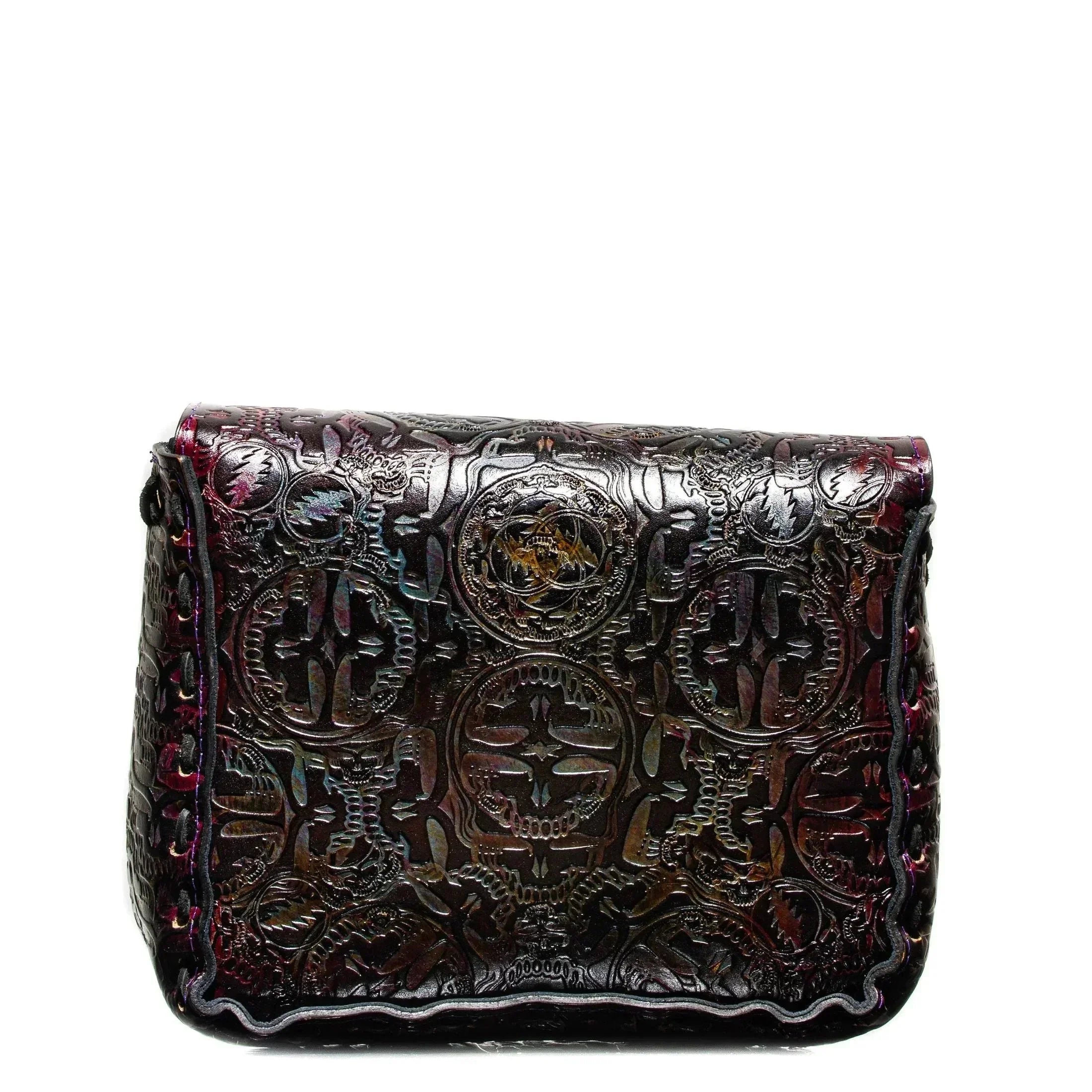 Handcrafted embossed leather side bag with dark skull pattern and intricate stitching