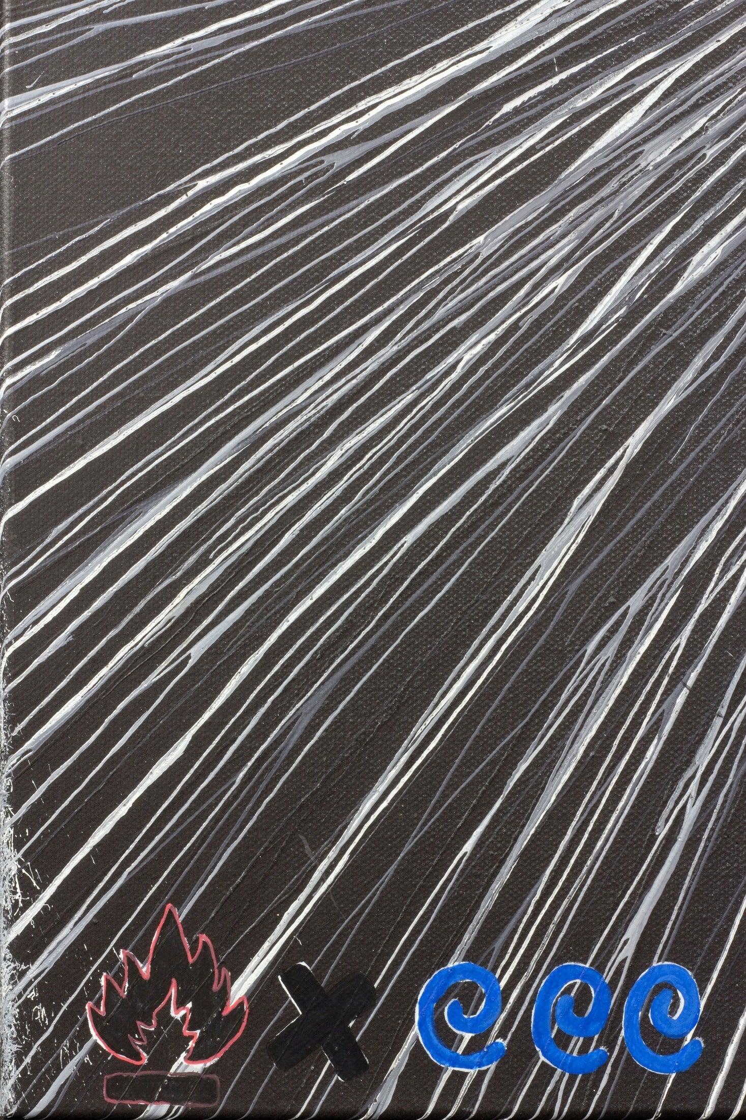 Black notebook with white streaks, red flame, black X, and blue swirls design