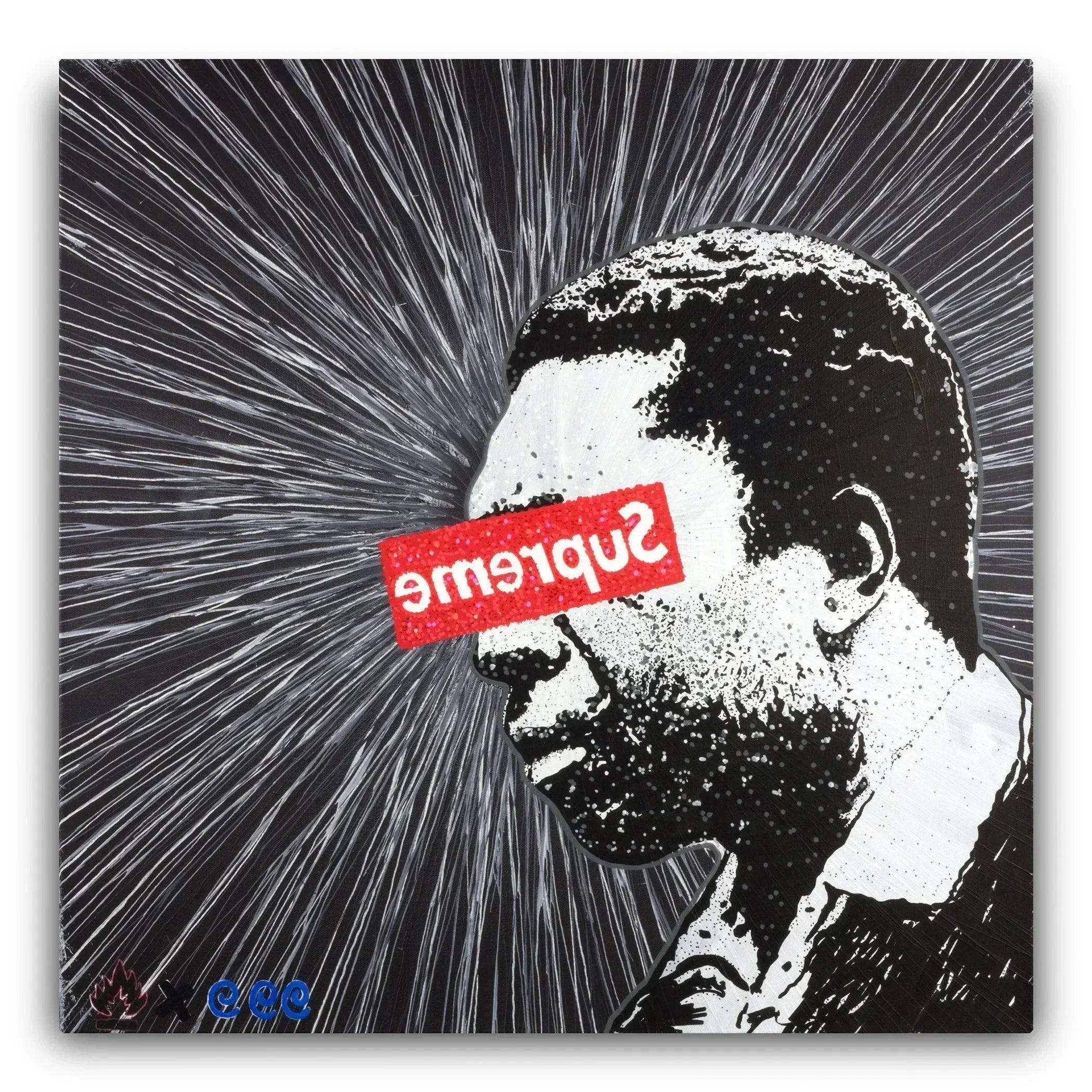 Black and white pop art canvas with red Supreme logo, radiating lines, and stylized male profile