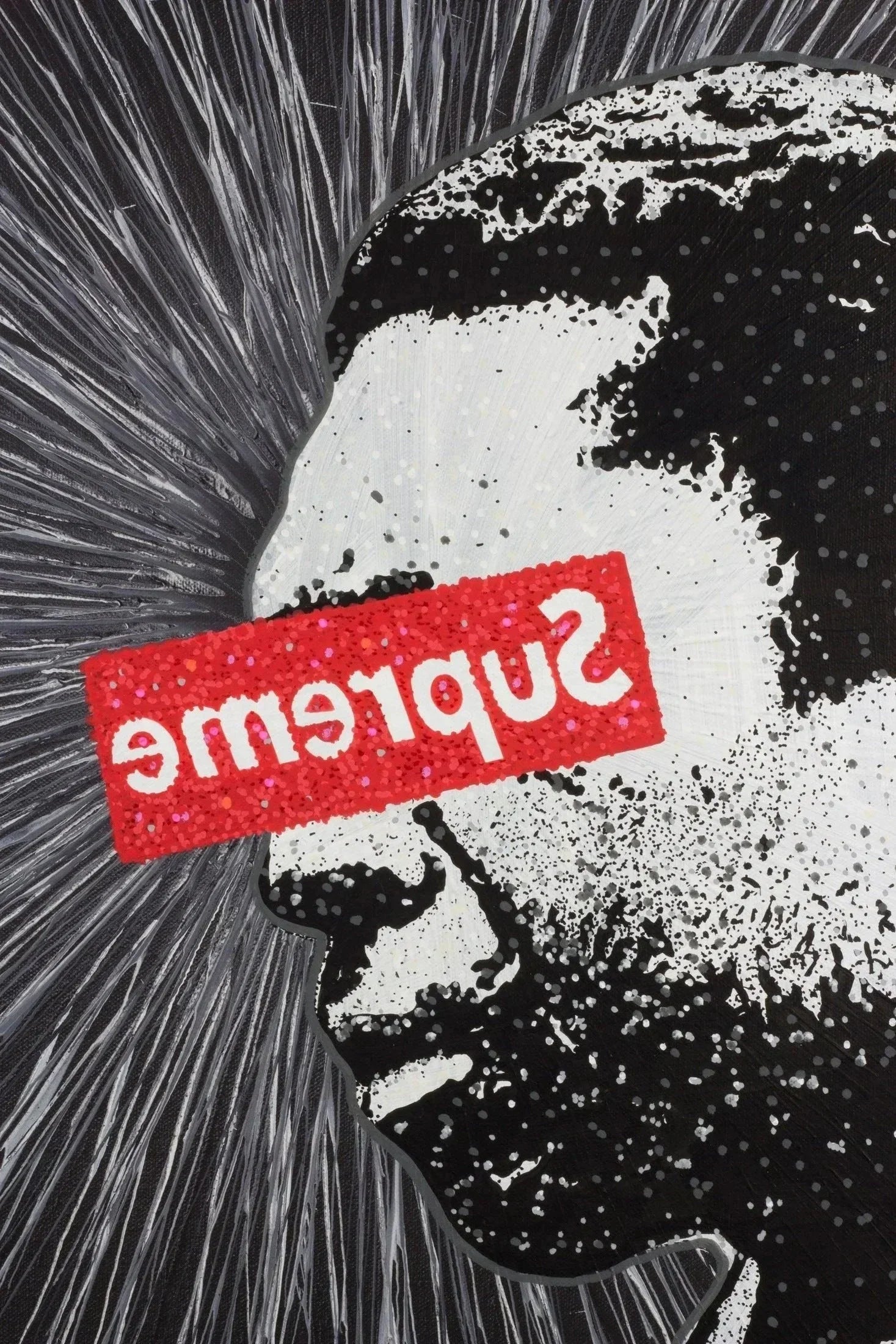 Black and white abstract art with red glitter Supreme logo, bold streetwear style design