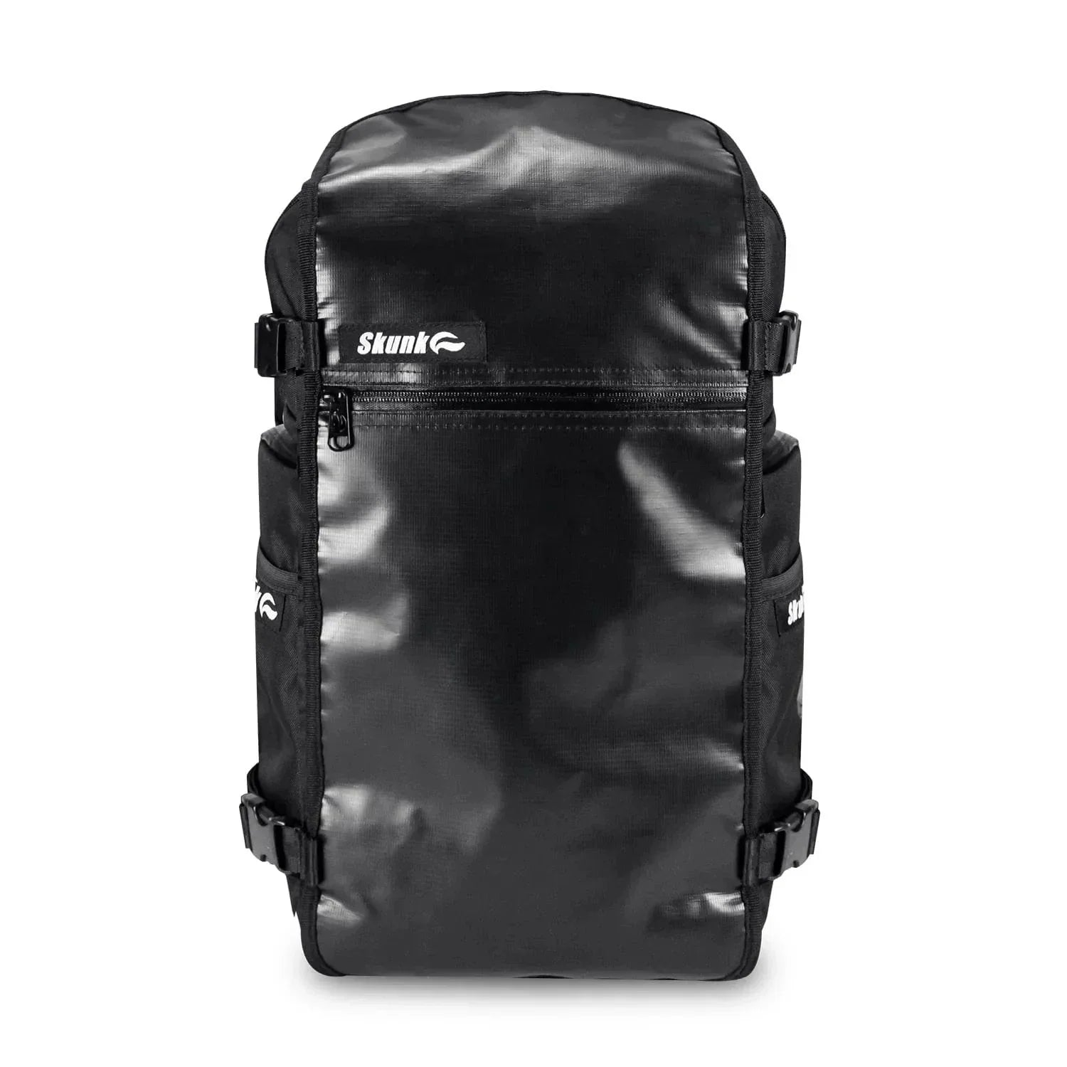 Black Skunk backpack with front zipper pocket and adjustable side straps