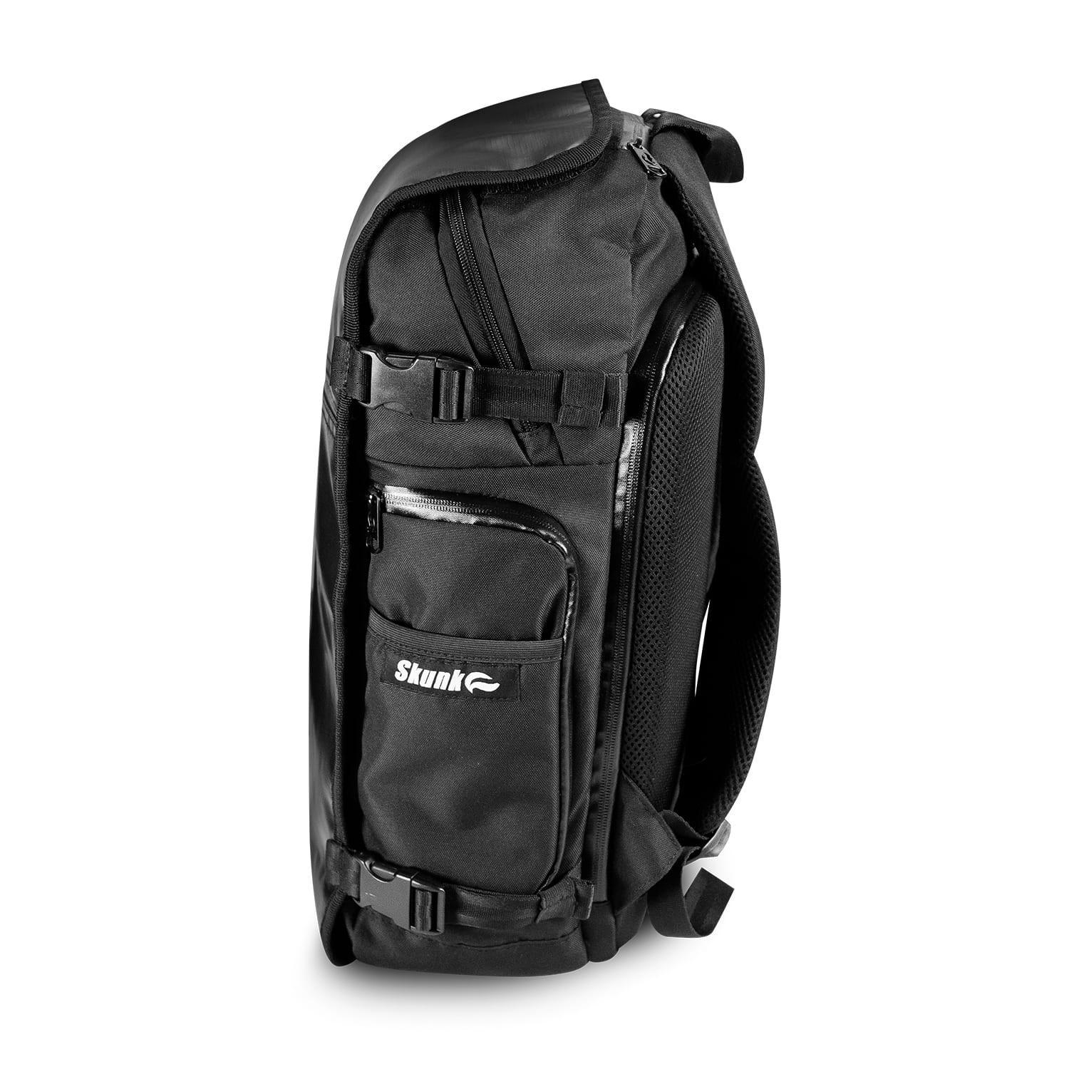 Black odor-proof backpack with multiple compartments and Skunk logo, side view