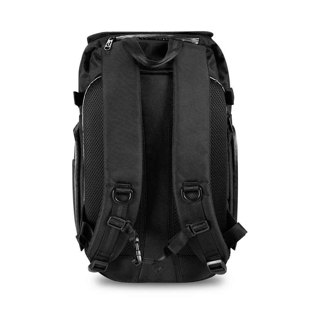 Black backpack rear view with padded straps and mesh back panel