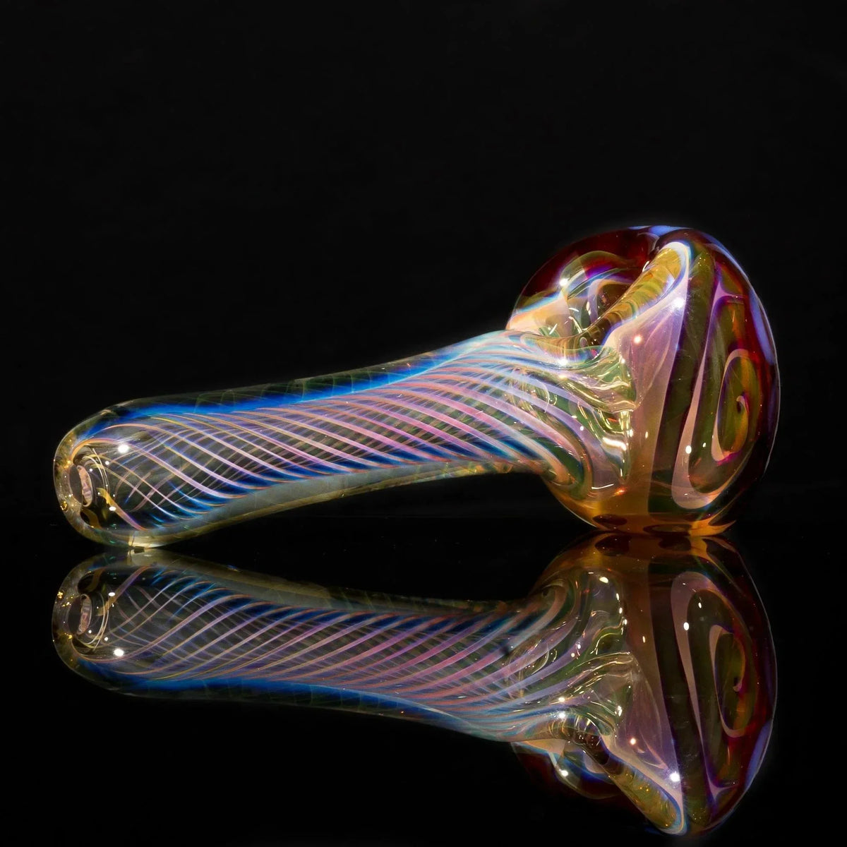 Iridescent glass pipe with swirling rainbow colors and reflective surface, showcasing heady glass artistry.