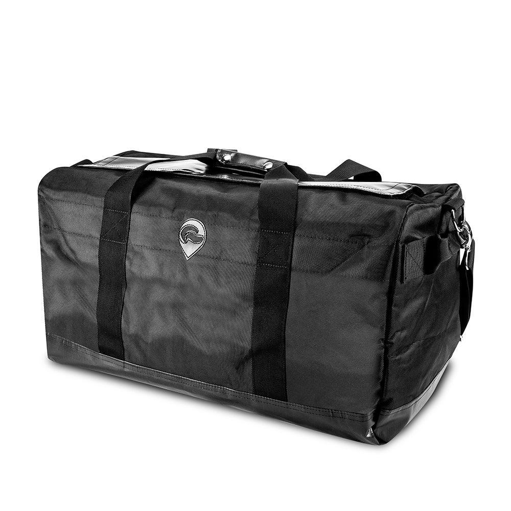 Black medium duffel bag with shoulder strap and front logo, shown at an angle on white background