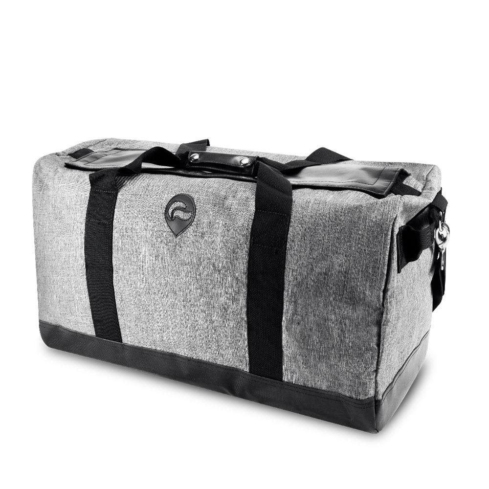 Gray duffel bag with black straps and reinforced corners, shown at an angle on white background.