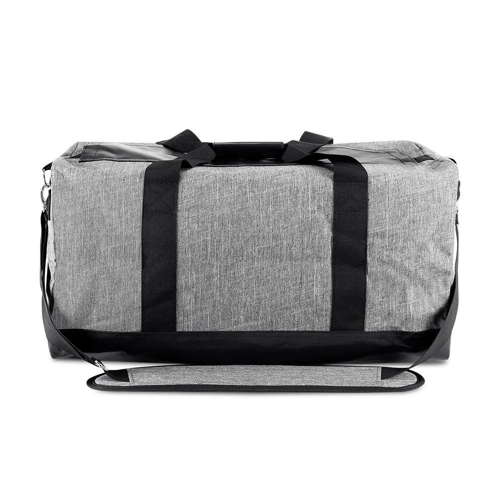 Gray duffel bag with black straps and adjustable shoulder strap, shown from the back.