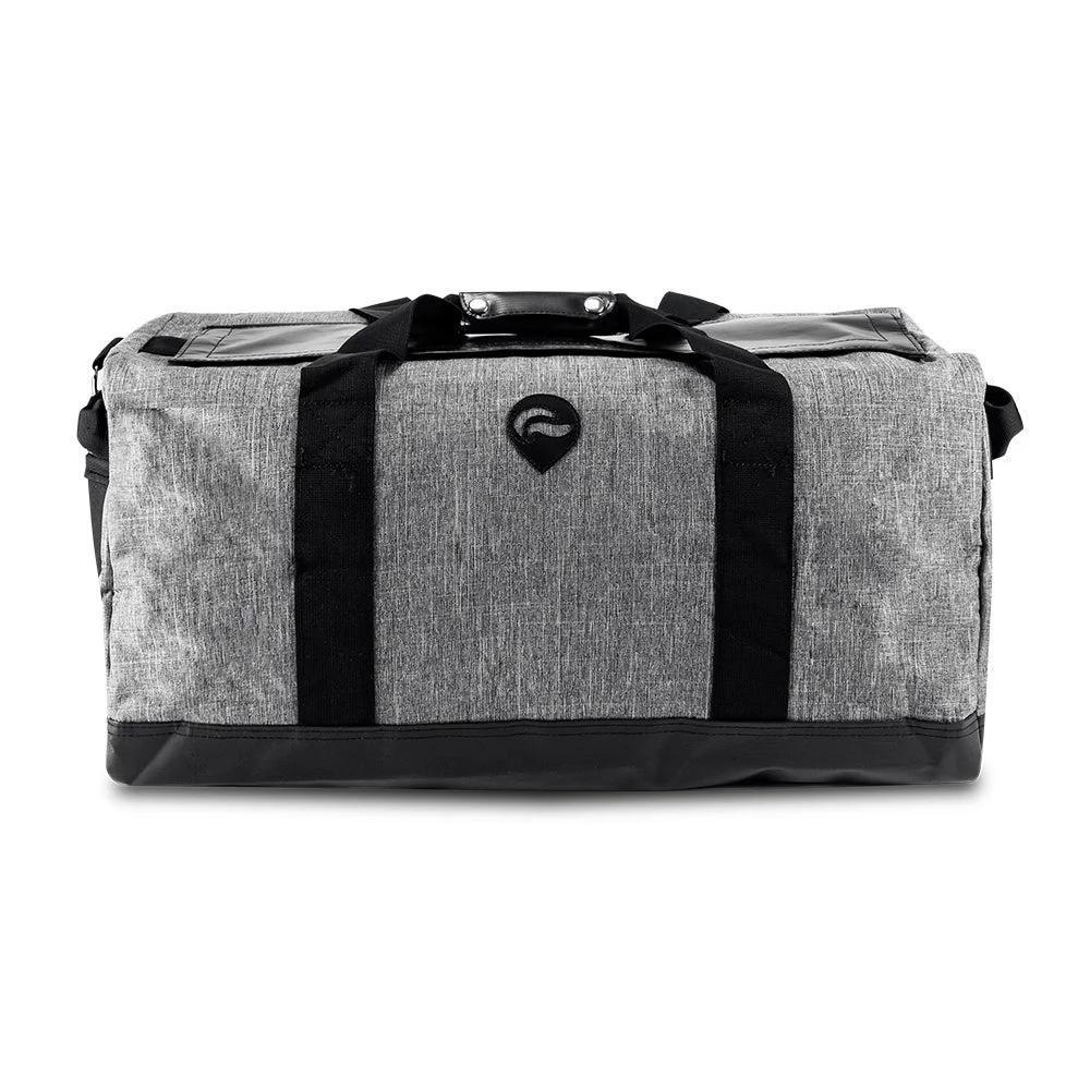 Gray medium duffel bag with black straps and front logo, front view, isolated on white