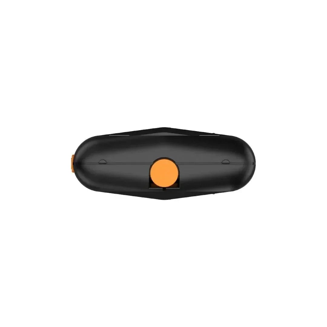 Top view of a portable black vaporizer with an orange button on a white background.