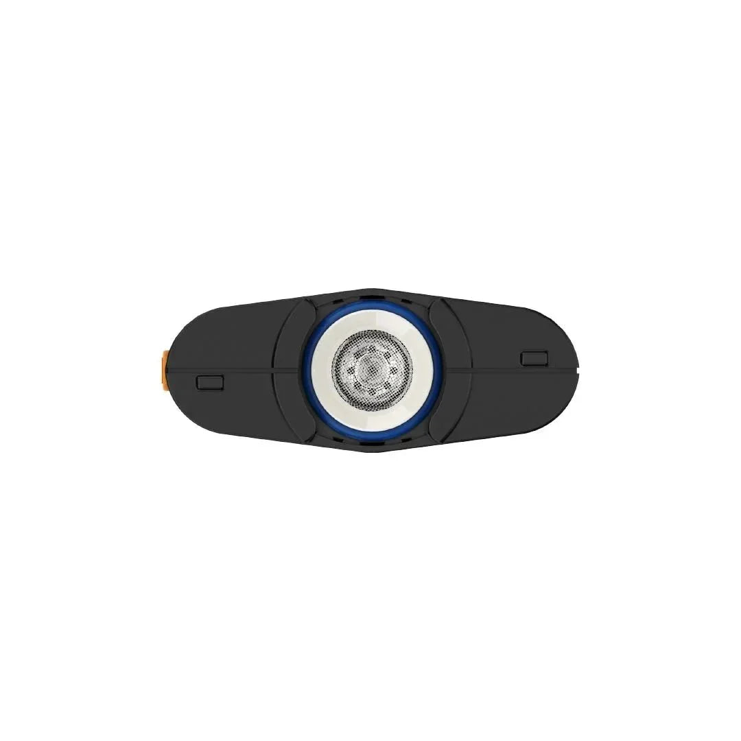 Black portable vaporizer heating chamber with metal mesh screen, viewed from above