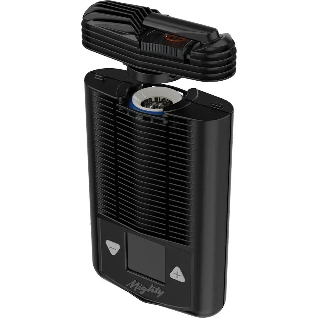 Black portable vaporizer with digital controls and open herb chamber