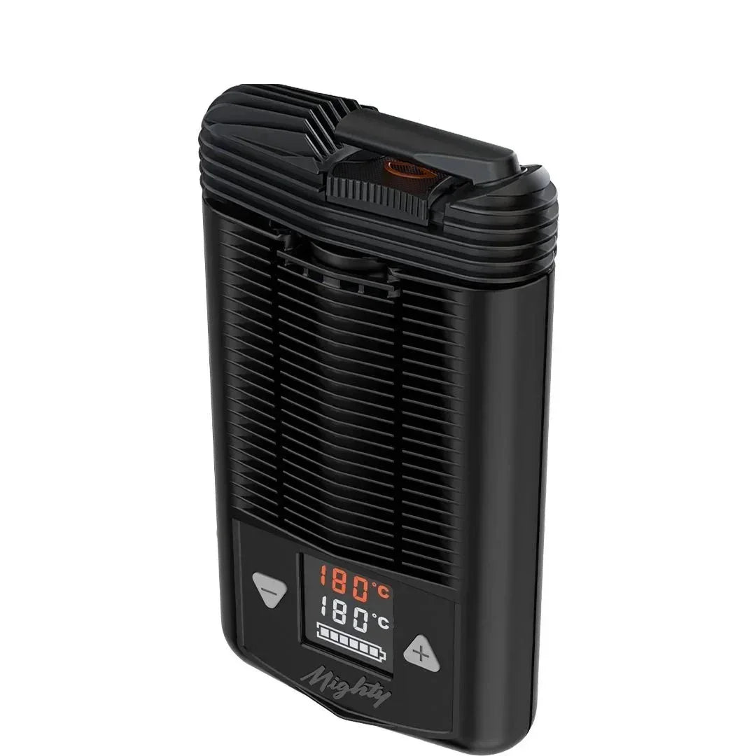 Black portable dry herb vaporizer with digital temperature display and vented design