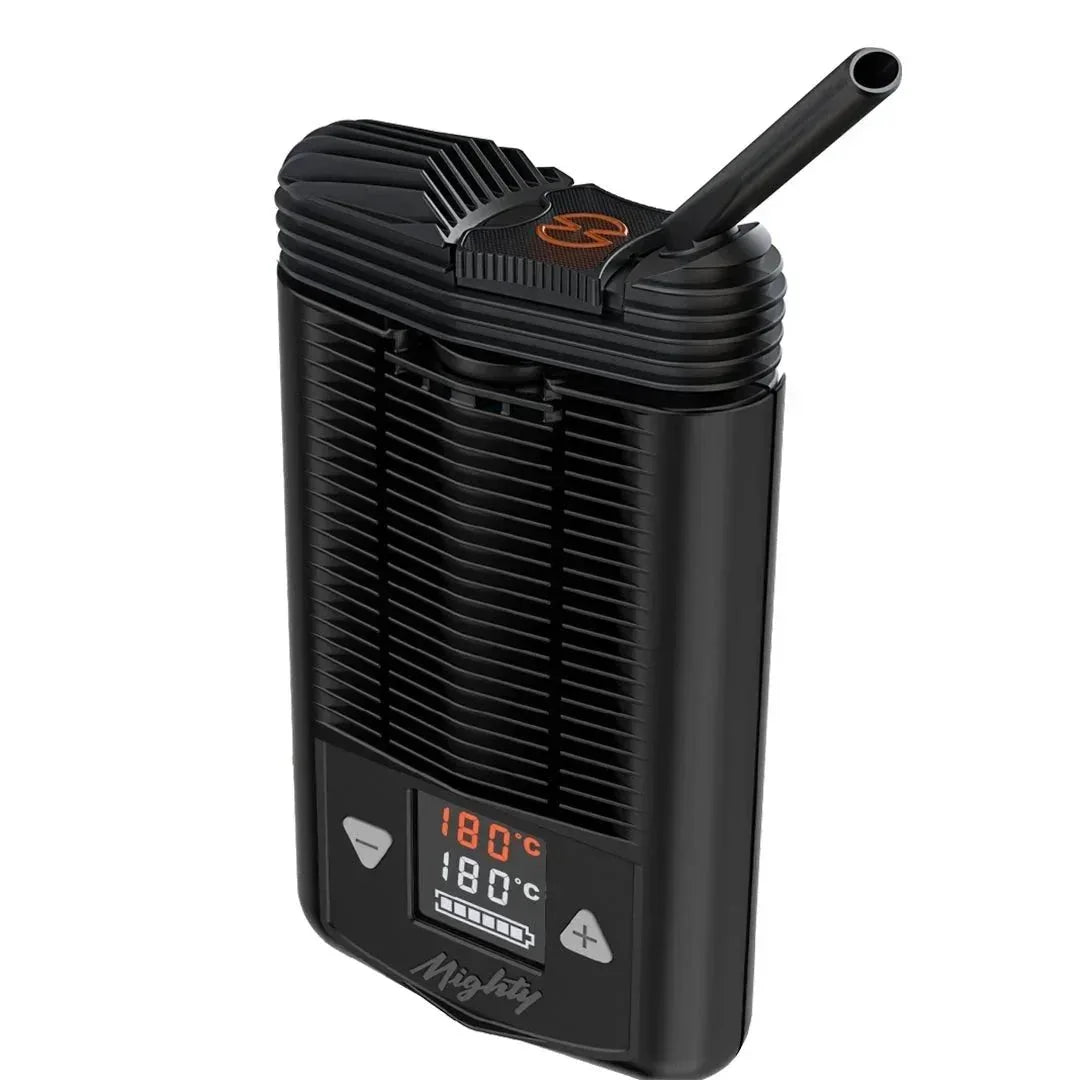 Black portable vaporizer with digital temperature display and mouthpiece extended