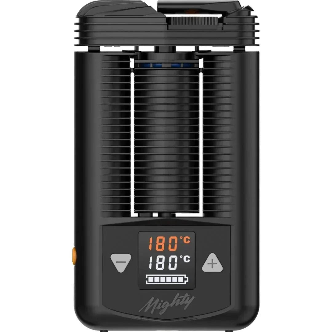 Portable dry herb vaporizer with digital temperature display and black ribbed design