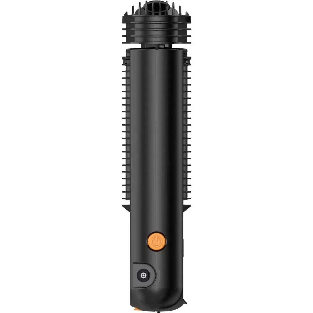 Black portable dry herb vaporizer with ridged sides and visible power button
