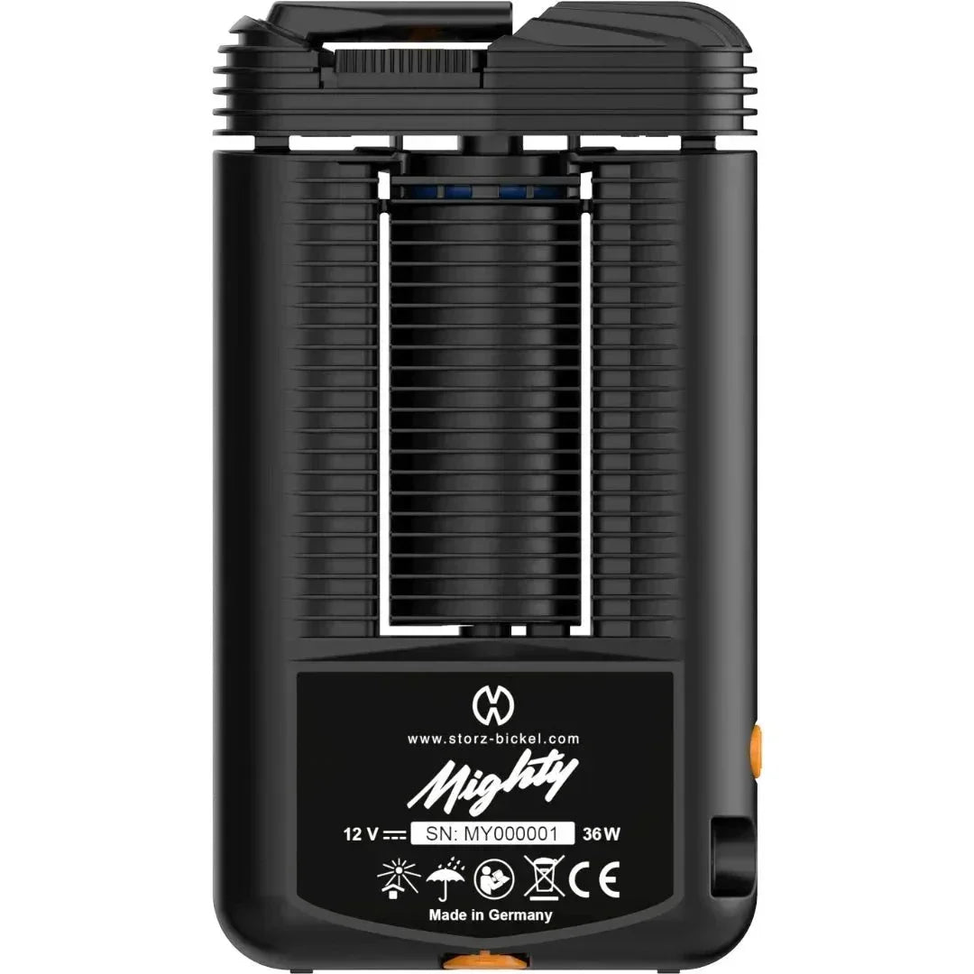 Storz & Bickel Mighty portable vaporizer in black with visible cooling unit and logo