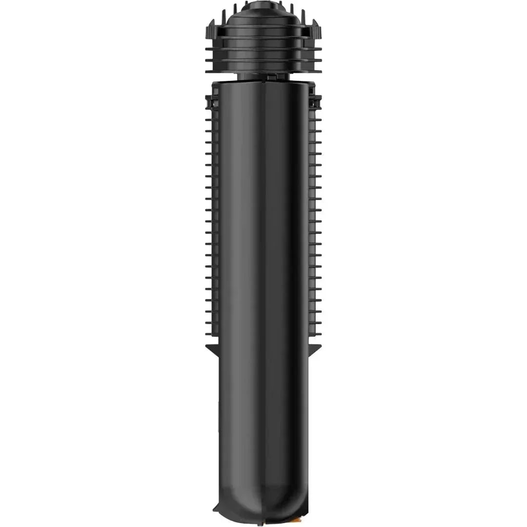 Black portable vaporizer with ribbed heat sink design against a white background