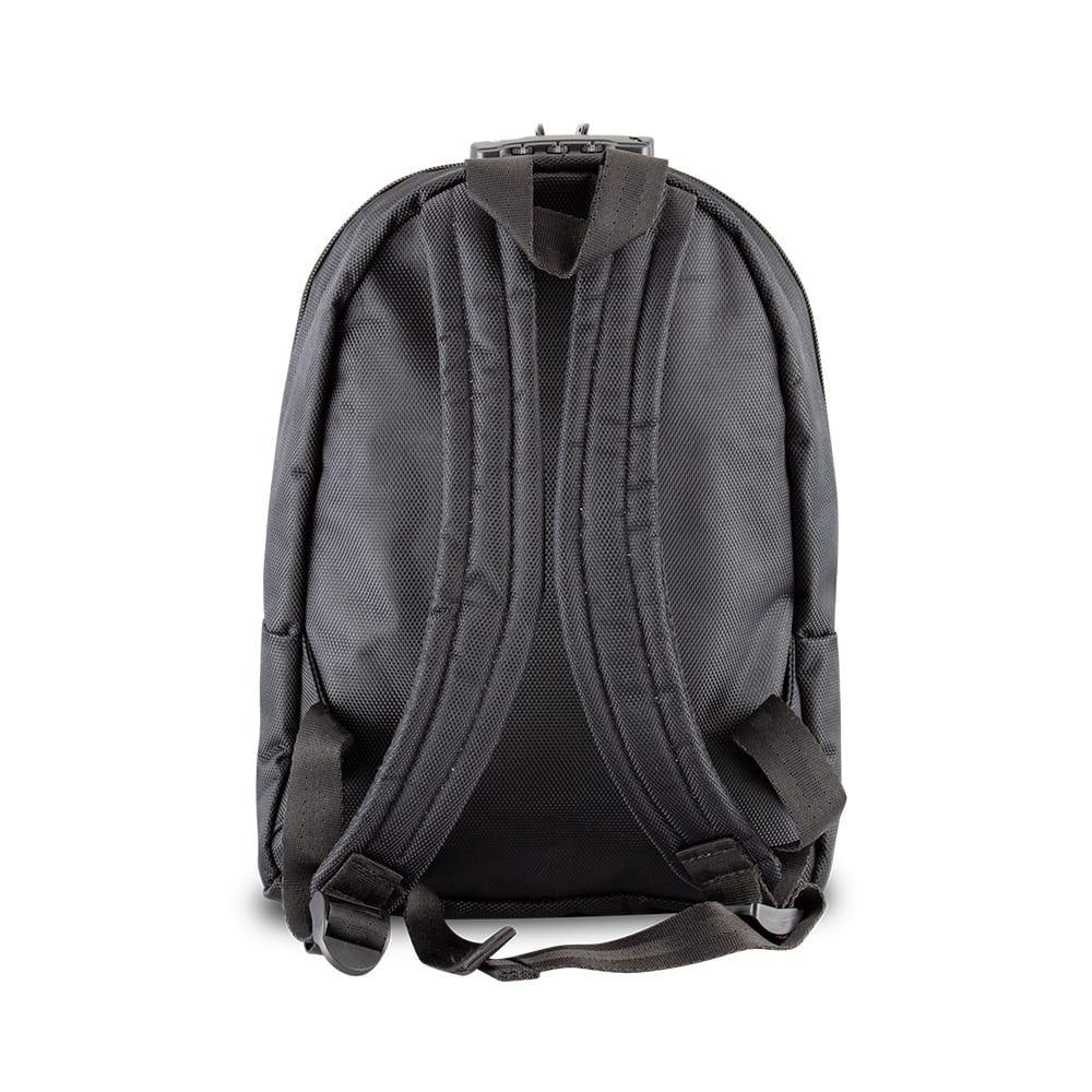 Black mini backpack with adjustable padded shoulder straps, rear view on white background