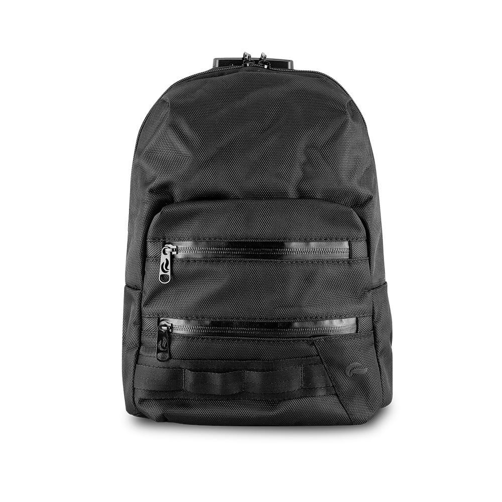 Black mini backpack with two front zippered pockets and nylon detailing on a white background