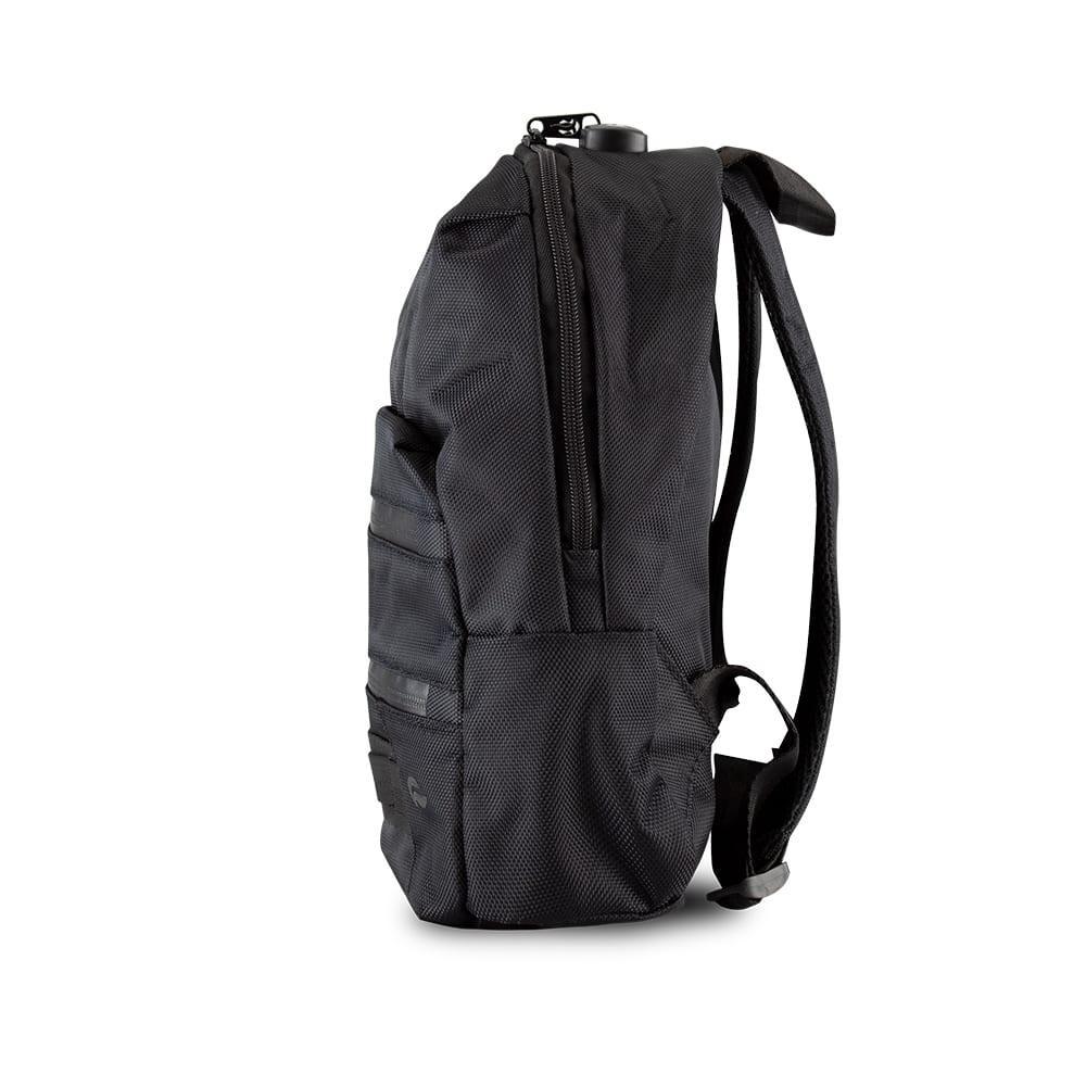 Side view of a black mini backpack with adjustable straps and zippered pocket