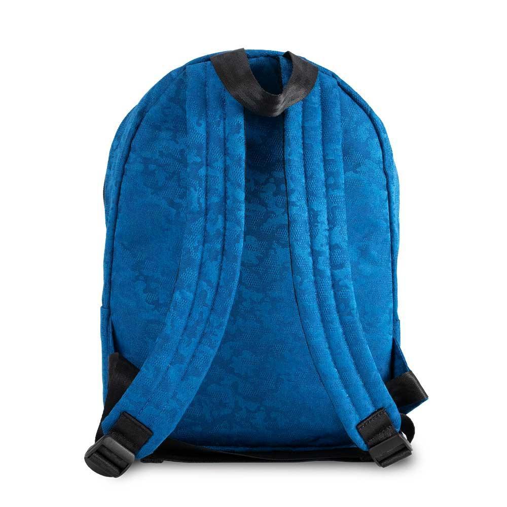 Back view of a blue brocade mini backpack with adjustable padded shoulder straps