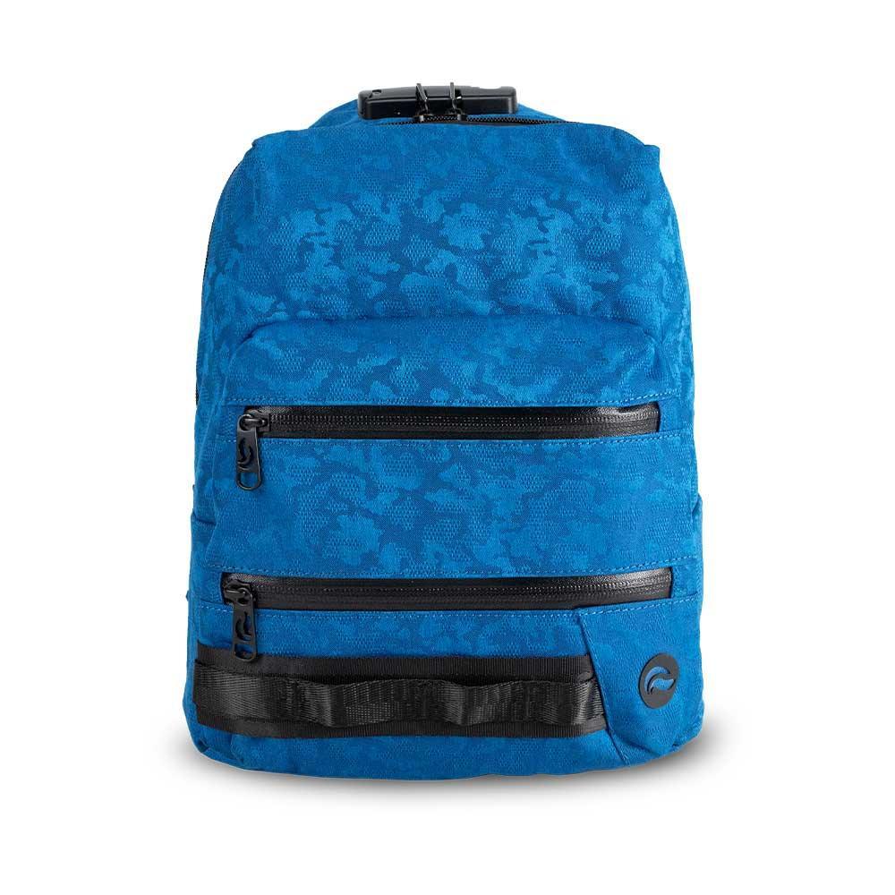 Mini blue brocade backpack with black zippers and subtle pattern, front view