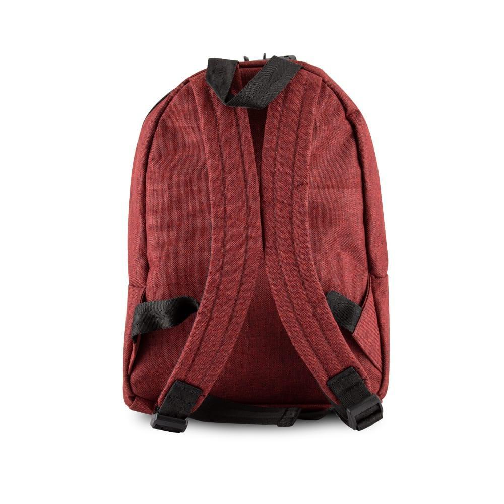 Burgundy mini backpack with black adjustable straps, rear view on white background